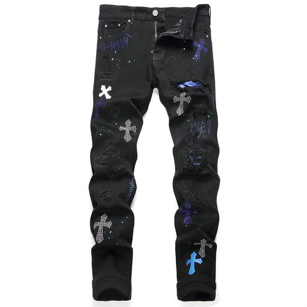 European Jeans With Distressed Patches, Black Trendy Elastic Slim Fit Leggings, Personalized Men's Pants_mkmklike.com