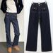 CE Straight-leg Jeans For Women, Dark Blue, Versatile, Slim-fit, Front Patch Pocket, High-waisted Long Pants, Women's_mkmklike.com