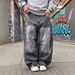 Vintage Washed Denim Pants For Men - Relaxed Wide Leg, Distressed Gray, Mid-Rise Zip Fly For Retro Street Style_mkmklike.com