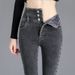 "Women's High-Waisted Fleece-Lined Skinny Jeans – Stretch Denim Pants With Button Details (Black/Retro Blue/Smoke Grey, Sizes 25-32)"_mkmklike.com