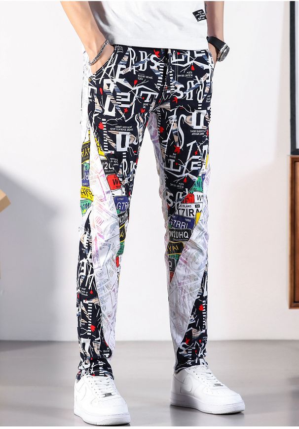 Men's Stretch Skinny Jeans With Artistic Graffiti Print - Trendy Streetwear Denim Pants For Casual & Urban Style_mkmklike.com