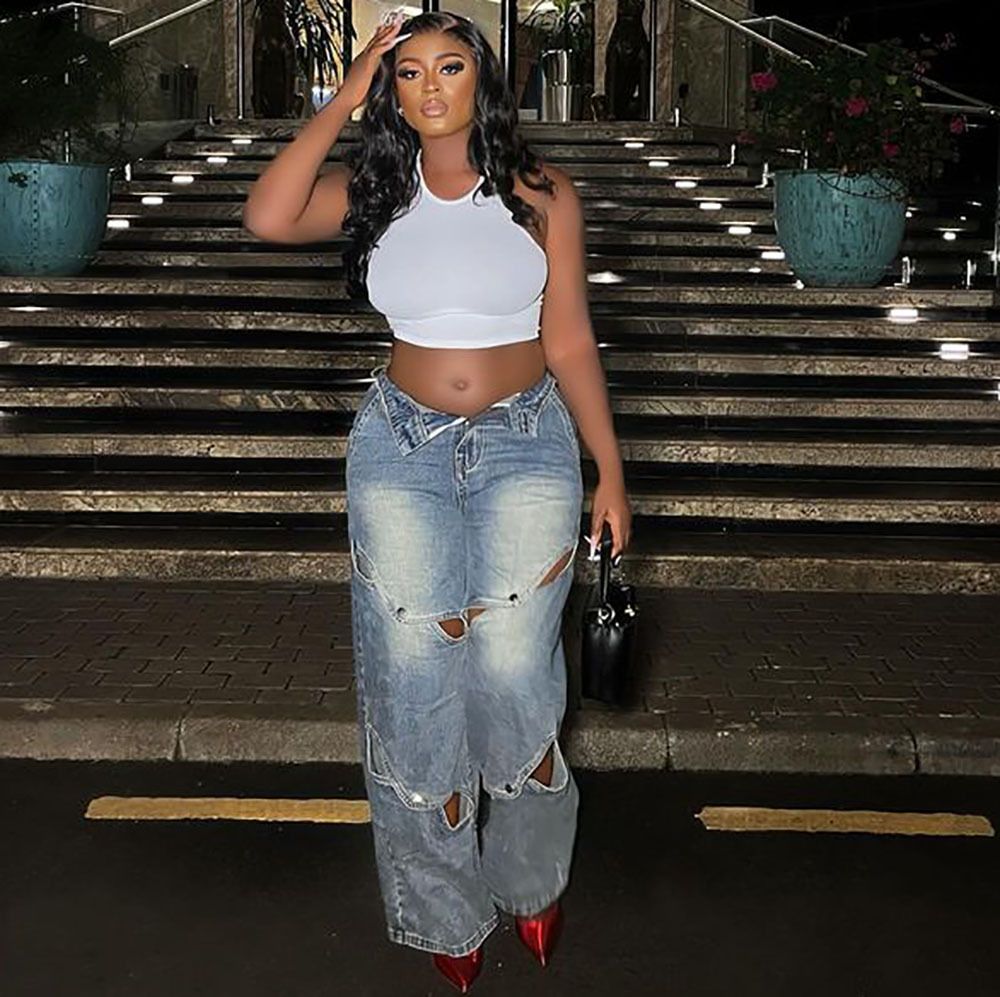 Women's Clothing Casual Women's Jeans Women's Street Fashion Washed Button Closure High Waist Pants_mkmklike.com