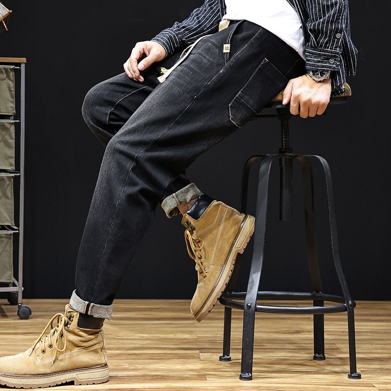 Factory Direct Supply Autumn And Winter New Elastic Waist Sports Harlan Pants Men's High-quality Heavy Industry Large-size Denim Trousers Men's_mkmklike.com