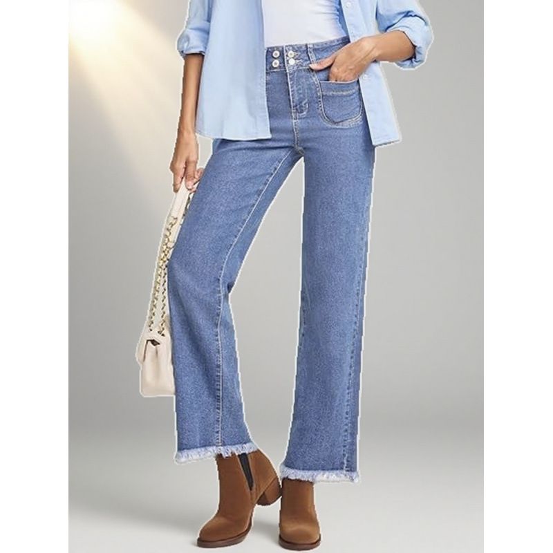 Comfortable Women's Light Blue Straight Leg Jeans Multiple Buttons Frayed Edges Cross Border Exclusive Factory Direct_mkmklike.com