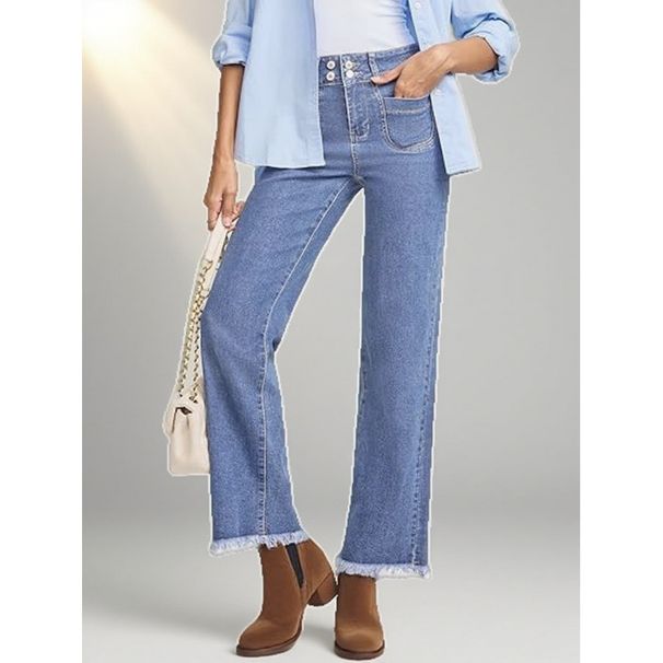 Comfortable Women's Light Blue Straight Leg Jeans Multiple Buttons Frayed Edges Cross Border Exclusive Factory Direct_mkmklike.com