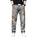 Men's Clothing Spring And Autumn New Yellow Mud Embroidered Jeans For Men High End Large Size Ripped Carp Embroidered Loose Straight Through Trendy_mkmklike.com
