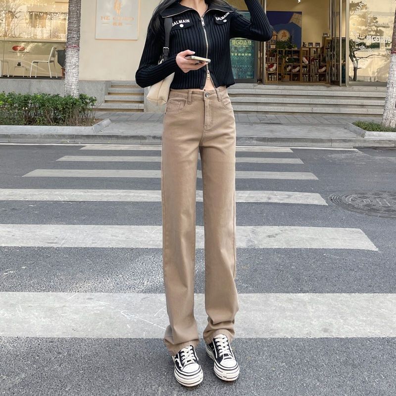 Khaki High-Waisted Straight-Leg Jeans For Women, Spring New Loose Slimming Cigarette Pants, Autumn Wear_mkmklike.com