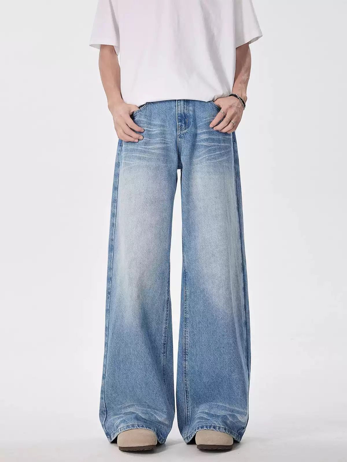 Men's High Street American Retro Washed Distressed Light Colored Jeans Loose Straight Leg Wide Leg Floor Length Drape Trendy Pants_mkmklike.com