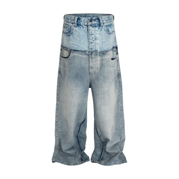 CUT-UP Doppelschichtige Patchwork-Baggy-Jeans Mit Doppelter Taille Für Damen Und Herren, Gerade, Lässige, Lockere Denim-Hose, Übergröße_mkmklike.com