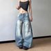 Plus Size Distressed High-Waisted Wide Leg Jeans For Women - Vintage Washed Denim With Raw Hem & Cropped Flare_mkmklike.com