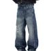 American Niche Design Washing Water Ripple Ripped Blue Jeans Men's And Women's Trend Ruffian Handsome Splicing Straight Casual Pants_mkmklike.com