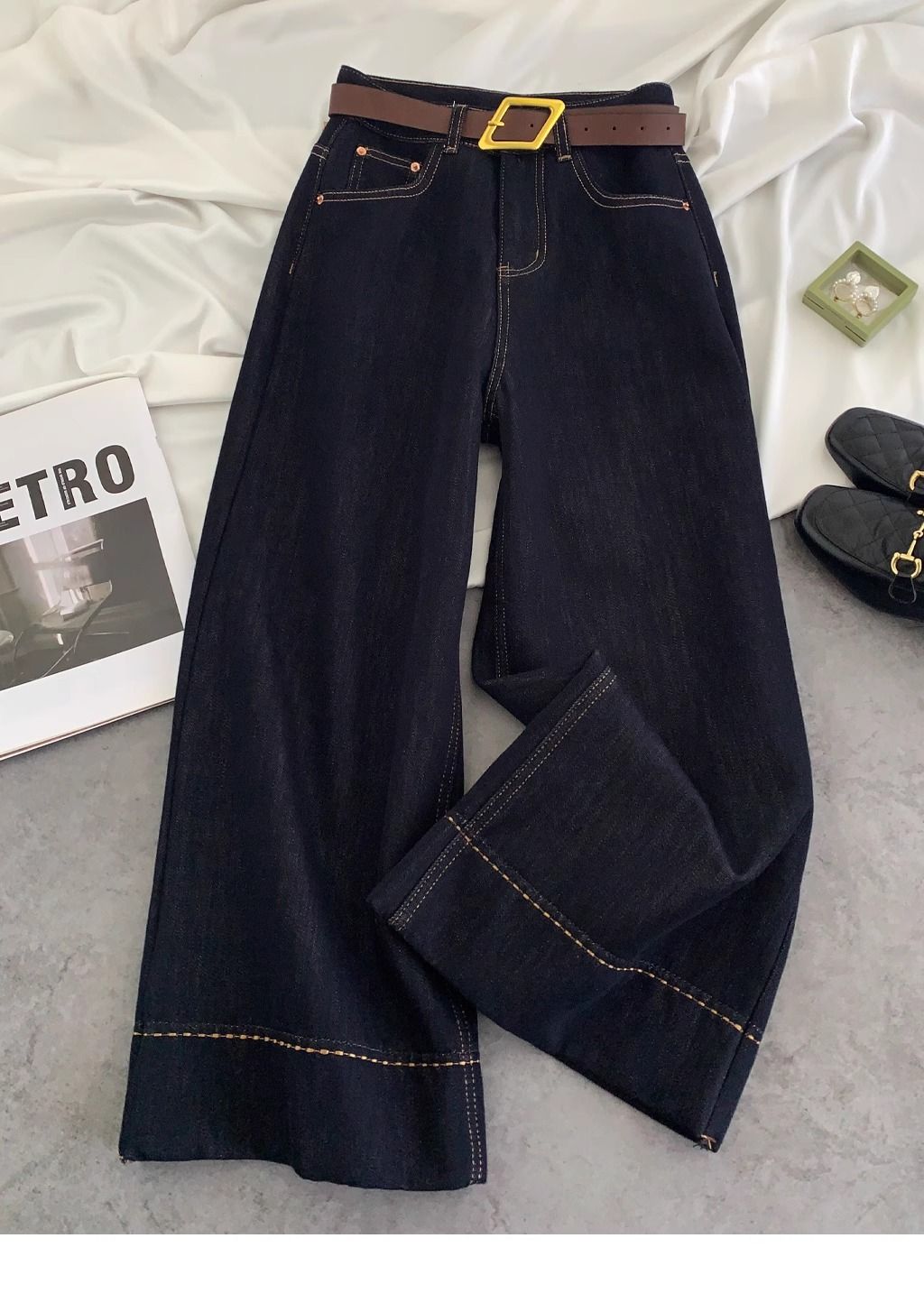 Women's High Waisted Wide Leg Jeans – Vintage Washed Dark Blue Denim, Korean Oversized Fit With Tummy Control & Raw Hem_mkmklike.com