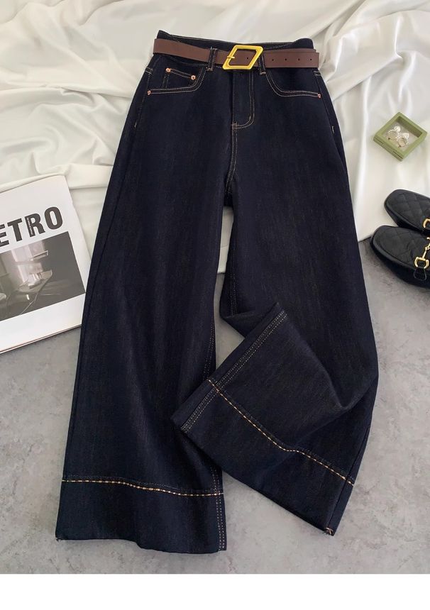 Women's High Waisted Wide Leg Jeans – Vintage Washed Dark Blue Denim, Korean Oversized Fit With Tummy Control & Raw Hem_mkmklike.com