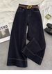 Women's High Waisted Wide Leg Jeans – Vintage Washed Dark Blue Denim, Korean Oversized Fit With Tummy Control & Raw Hem_mkmklike.com