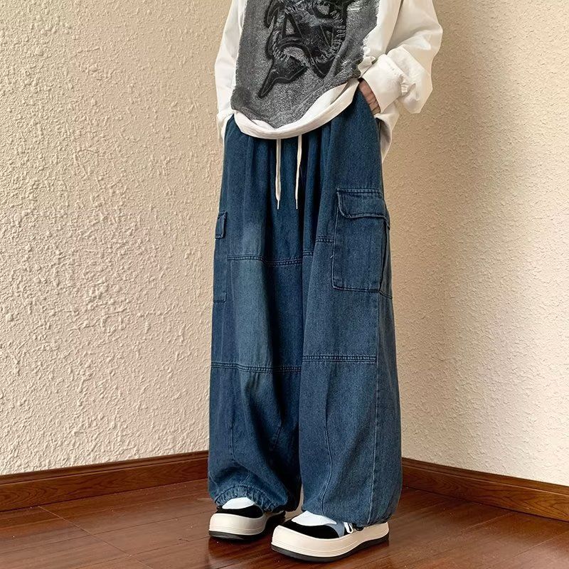 Men's Clothing Wide Leg Large Pocket Overalls Men's Spring and Summer New Trendy Brand Ins Neutral Loose Straight Jeans_mkmklike.com