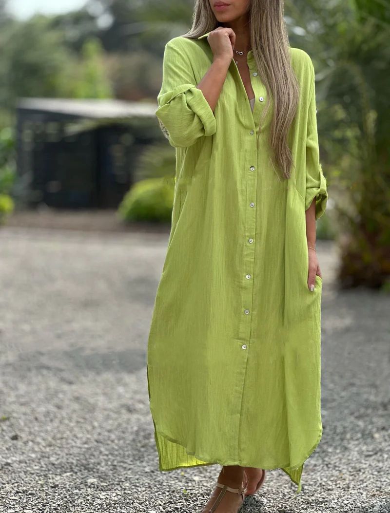 women's dress cotton and linen shirt long skirt fashion casual long sleeved cardigan dress_mkmklike.com
