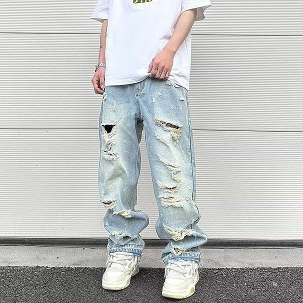 Men's Clothing High Street Hip Hop Vibe Washed Blue Ripped Cat Whisker Street Summer Straight Pants Loose Men's Paris Jeans_mkmklike.com