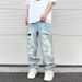 Men's Clothing High Street Hip Hop Vibe Washed Blue Ripped Cat Whisker Street Summer Straight Pants Loose Men's Paris Jeans_mkmklike.com