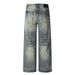 Washed And Distressed White Denim Straight Punk Street Style Men's Dad Handmade Frayed Vintage Loose Long Pants_mkmklike.com