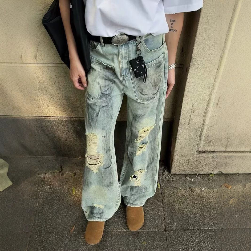 Distressed Washed High-Street Straight-Leg Jeans For Men & Women – Vintage-Inspired Ripped Denim With Relaxed Fit_mkmklike.com