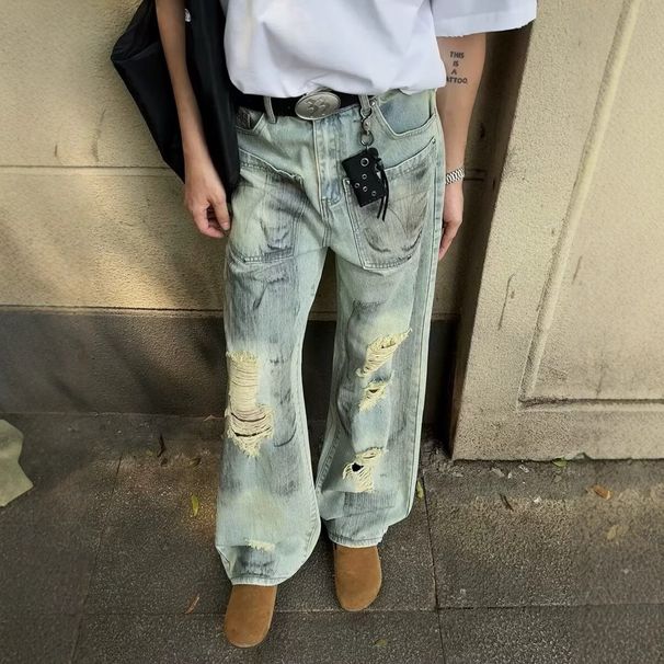 Distressed Washed High-Street Straight-Leg Jeans For Men & Women – Vintage-Inspired Ripped Denim With Relaxed Fit_mkmklike.com