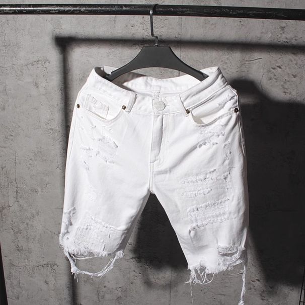 Men's Summer White Denim Shorts Stretchy Ripped Five Point Pants Korean Style Slim Fit Casual Riding Breeches Plus Size Trendy_mkmklike.com