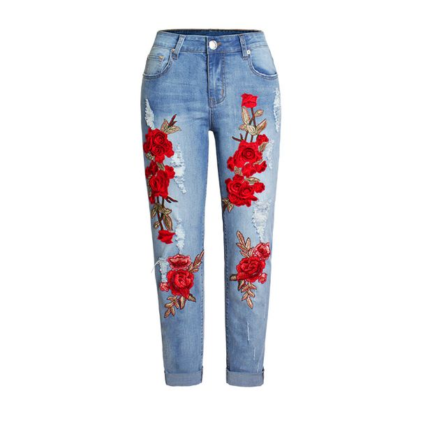 Women's Clothing Elastic Loose Jeans Women's Trousers Colorful Flower 3d Embroidery Ripped Jeans_mkmklike.com