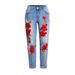 Women's Clothing Elastic Loose Jeans Women's Trousers Colorful Flower 3d Embroidery Ripped Jeans_mkmklike.com