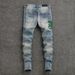 Men's Distressed Slim Fit Jeans Vintage Light Blue Washed Denim with Snake Embroidery Streetwear Skinny Jeans_mkmklike.com
