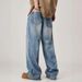 Men's High End Retro Washed Distressed Loose Straight Leg Jeans Light Color Casual Drape Fit American Style_mkmklike.com