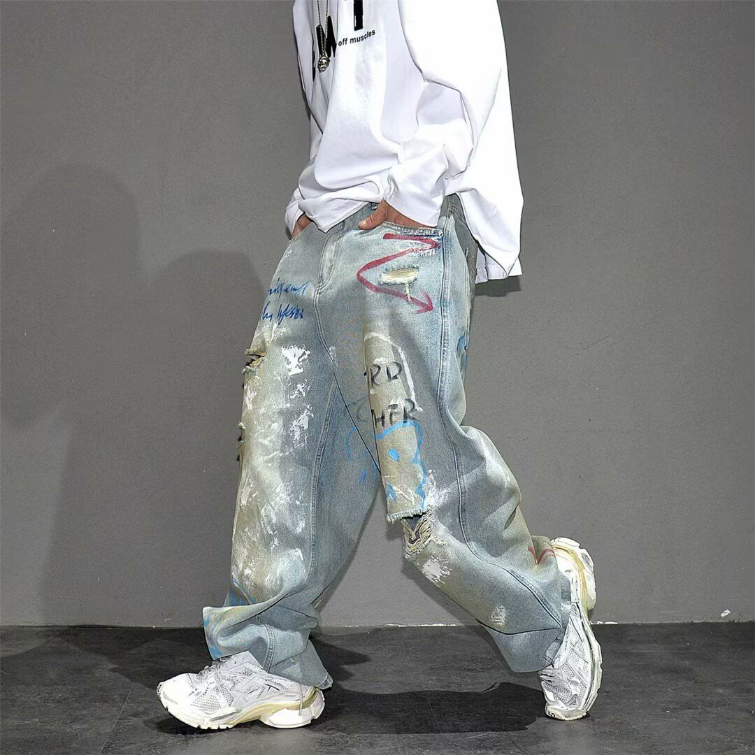 Men's Heavy Duty Distressed Wide Leg Jeans Hand Painted Graffiti Ripped American High Street Style Wide Leg Pants_mkmklike.com