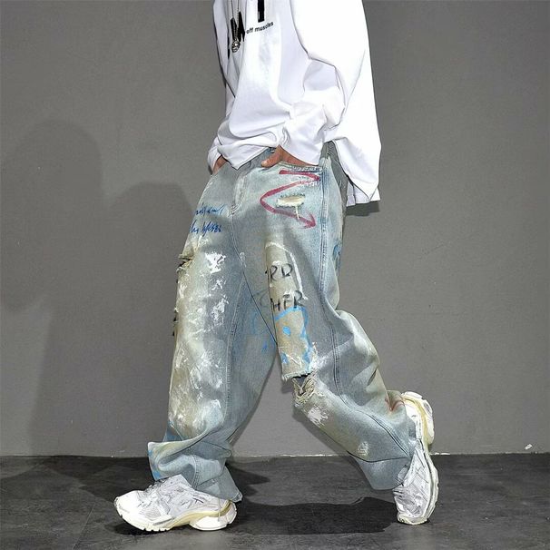 Men's Heavy Duty Distressed Wide Leg Jeans Hand Painted Graffiti Ripped American High Street Style Wide Leg Pants_mkmklike.com