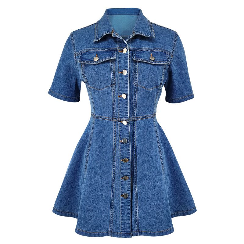 K Women's New Denim Style Casual Waist Cinched Lapel Dress_mkmklike.com