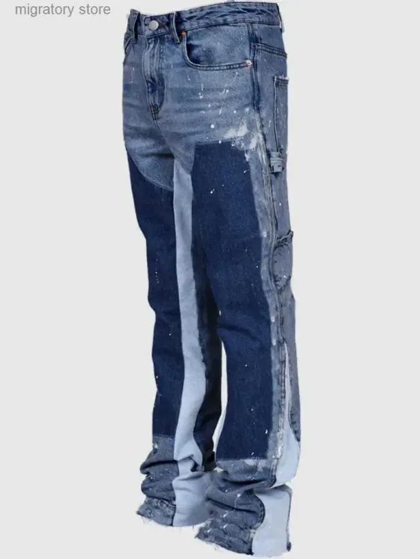 Y2k Men Painting Baggy Fashion Work Wear Popular Stretch Patch Denim Stacked Flare Jeans Pants L250624_mkmklike.com