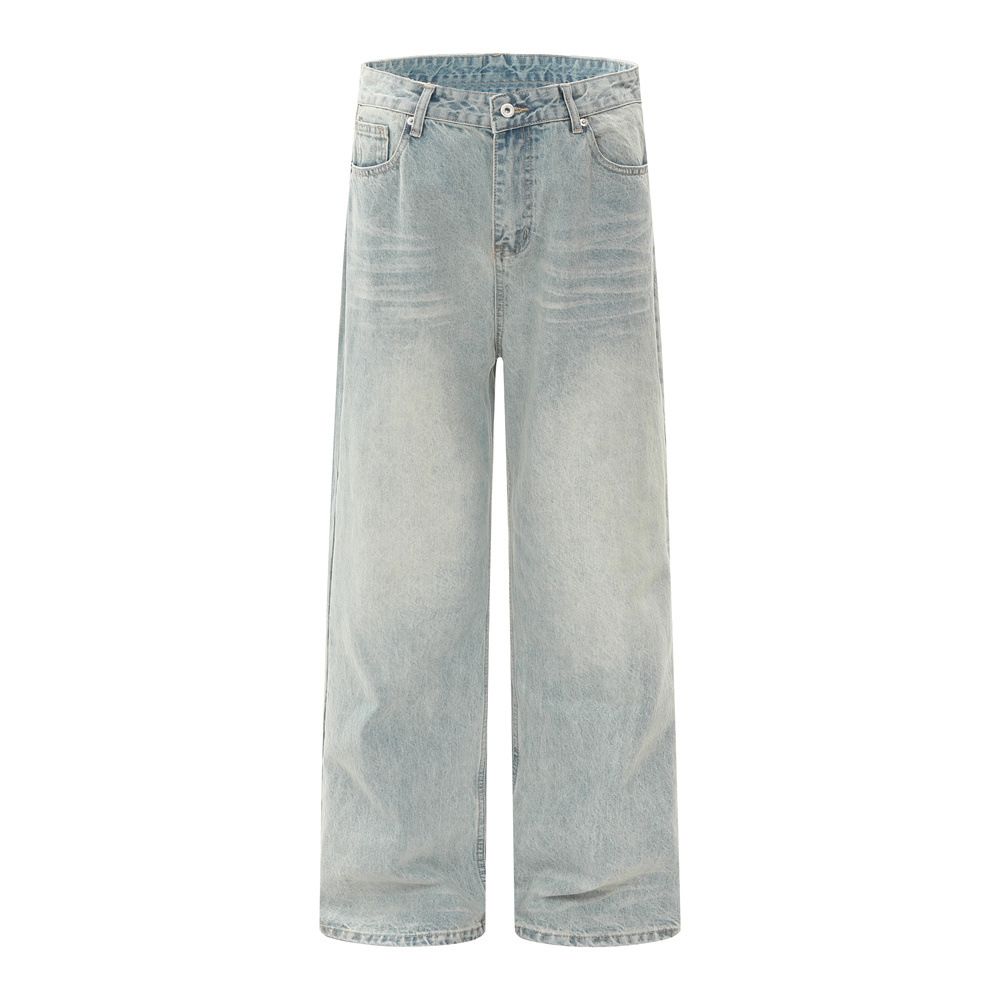 Faded Washed Vintage Jeans For Men, Versatile Loose Casual Straight-Leg Simple Floor-Length Pants, High Street Trend_mkmklike.com