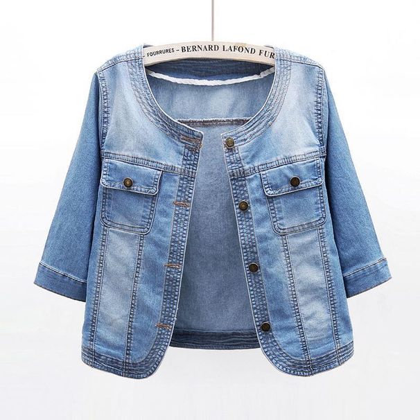 Women's Lightweight Denim Jacket, 3/4 Rolled Sleeve Round Neck Jean Coat, Casual Loose Fit Washed Denim Outwear For Daily Street Wear, Soft Breathable_mkmklike.com