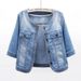 Women's Lightweight Denim Jacket, 3/4 Rolled Sleeve Round Neck Jean Coat, Casual Loose Fit Washed Denim Outwear For Daily Street Wear, Soft Breathable_mkmklike.com