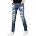 Men's Slim Fit Stretchy Ripped Denim Jeans Blue Distressed Trousers Simple Style_mkmklike.com