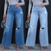 Women’s High-Waisted Ripped Wide-Leg Jeans – Straight Cut Distressed Denim Pants (Dark Blue/Light Blue, Sizes S-XXL, Comfort Stretch)_mkmklike.com