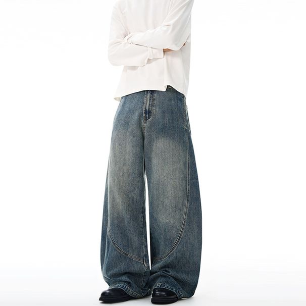 LKTM Men's Retro Patchwork Bamboo Pattern Jeans Trendy Wide Leg Pants For Men And Women Curved Design_mkmklike.com