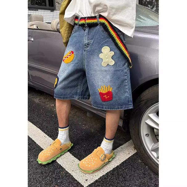 Men's Clothing Creative Fries Towel Embroidered Denim Shorts Men's Summer Retro Wide Leg Straight Loose Trendy Brand Seven Point Pants_mkmklike.com