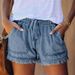 K Elastic Waist Casual High Waist Slimming Fringed Denim Shorts For Women_mkmklike.com