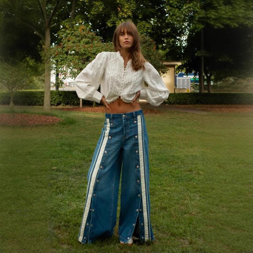 Women's Clothing Fashion Retro Personality Row Split Color Matching Wide Leg Mopping Denim Trousers_mkmklike.com