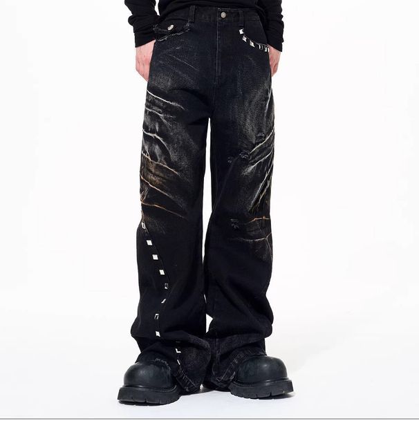 Men's Retro Distressed Denim Jeans High End Wide Leg Loose Street Style With Whiskers And Studded Details New Style_mkmklike.com