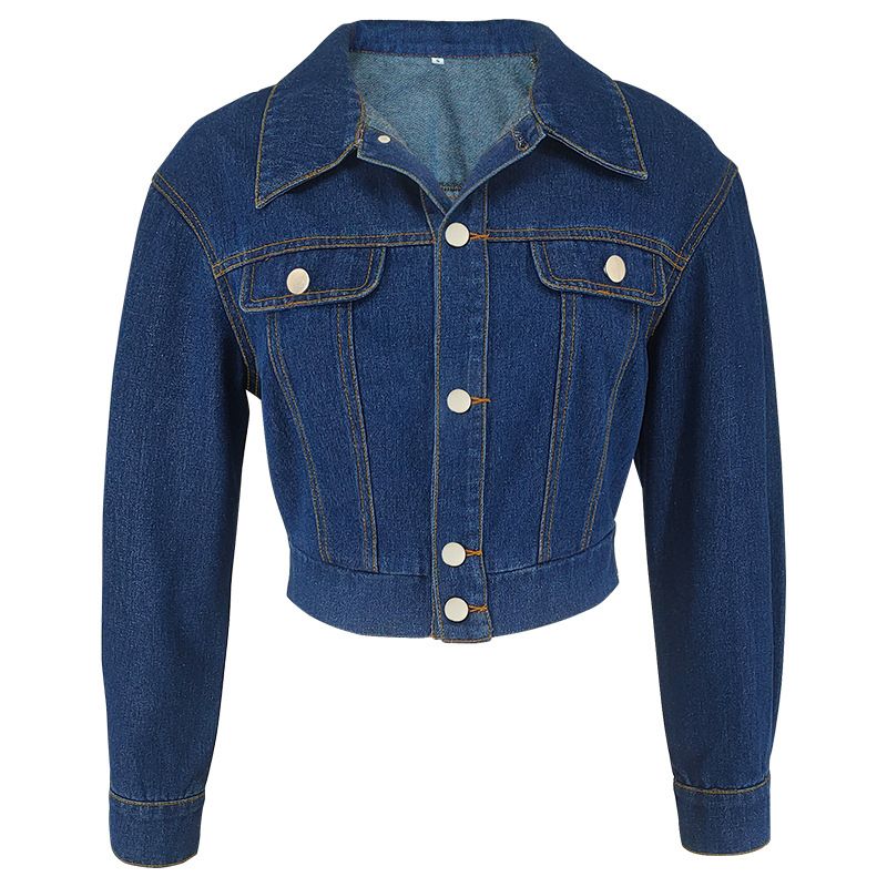 K Women's New Denim Elastic Button Cardigan Long Sleeves Short Denim Jacket_mkmklike.com
