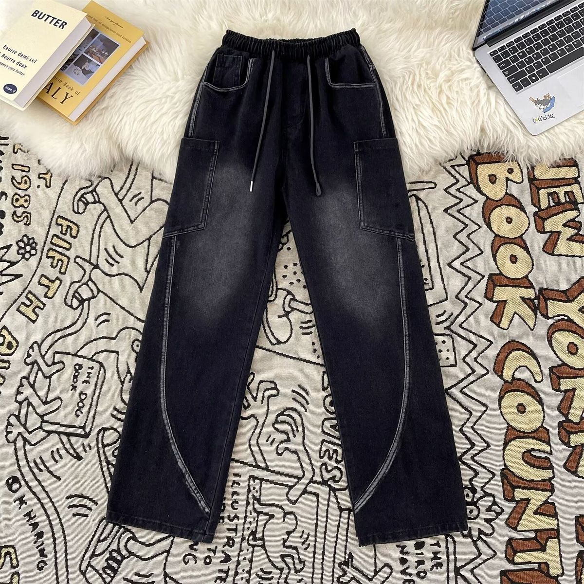 Men's High-Street Baggy Jeans – Relaxed Straight-Leg With Architectural Tapering (S-3XL, Black/Blue, Vintage Wash, Hip-Hop Essential)_mkmklike.com