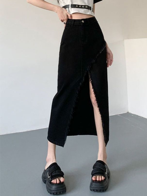 K High Waist Slimming Irregular Split Denim Skirt With Fringed Edge Design, A-line Mid Length Skirt_mkmklike.com