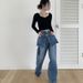 Women’s Clothing South Korea Dongdaemun autumn and winter new retro washed old dark design stitching with waistband jeans_mkmklike.com