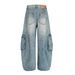American Vintage Distressed Denim Scimitar Workwear Long Men's Vibe High Street Washed White Arc Multi-Pocket Wide-Leg_mkmklike.com