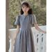 2025 Spring New French High Waist Look Thin And Tall Denim Hooded Round Neck Short Sleeved Dress For Women_mkmklike.com